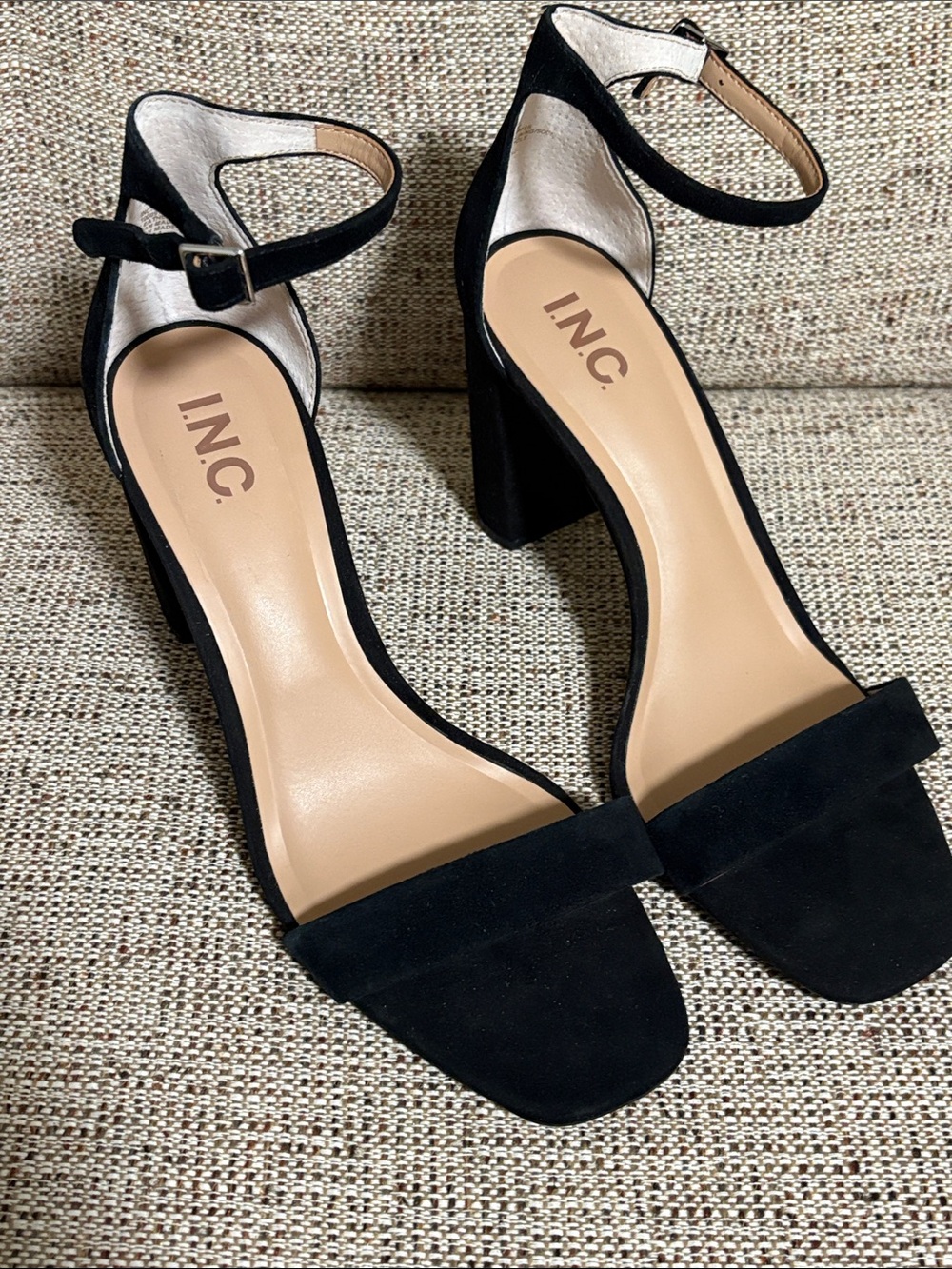 INC International Concepts Black Suede Ankle-Strap Block Heels